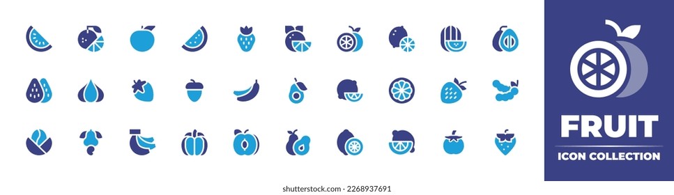 Fruit icon collection. Duotone color. Vector illustration. Containing watermelon, orange, apple, strawberry, lemon, pomelo, almonds, garlic, acorn, bananas, avocado, lime, tamarind, coffee bean.