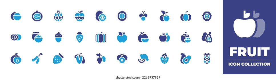 Fruit icon collection. Duotone color. Vector illustration. Containing lychee, pomegranate, annona montana, custard apple, kiwano, durian, grape, cherries, pumpkin, tomato, mangosteen, acorn.