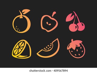 Fruit icon collection - vector illustration. Set of vector fruits on black background. Apple,  lemon, orange, melon, strawberry. Vector icons.