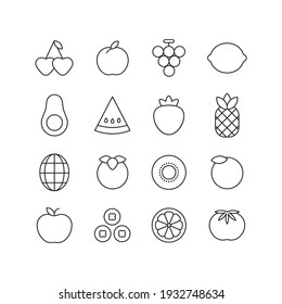 Fruit Icon Illustration Set. Apple, lemon, grape, cherry, peach, avocado, watermelon, strawberry, pineapple, mango, mangosteen, kiwi, orange, blueberry, tomato.