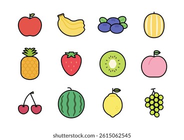 Fruit icon illustration set. Outline style fruit icons bundle on a white background. 