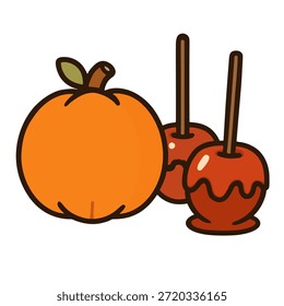 Icono de la fruta: calabaza jack-o-lantern (como fruta) y manzanas de caramelo.