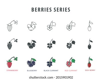 Fruit icon series set contains strawberry, blueberry, black currant, red currant, and goji berry icons. 