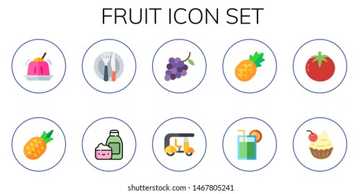 fruit icon set. 10 flat fruit icons.  Simple modern icons about  - jelly, pineapple, food, cream, grapes, tuk tuk, juice, tomato, cupcake