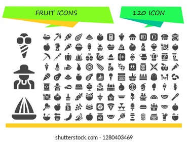  fruit icon set. 120 filled fruit icons. Simple modern icons about  - Ice cream, Juicer, Gardener, Salad, Pick, Papaya, Watermelon, Apple, Grapes, Cupcake, Pie, Vietnamese, Blender