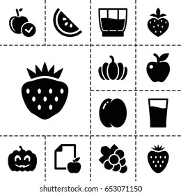 Fruit icon. set of 13 filled fruiticons such as peach, apple, grape, strawberry, pumpkin, paper and apple, pumpkin haloween, drink