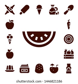 fruit icon set. 17 filled fruit icons.  Collection Of - Calcium, Apple, Ice cream, Watermelon, Carrot, Kiwi, Fruit, Jelly, Cream, Gumdrop, Olive, Coconut water, Scoop, Mustard