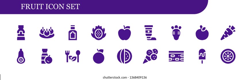 fruit icon set. 18 filled fruit icons.  Collection Of - Mustard, Bitterballen, Food, Dragon fruit, Apple, Cream, Radish, Carrot, Butternut squash, Juice, Salad, Orange, Watermelon