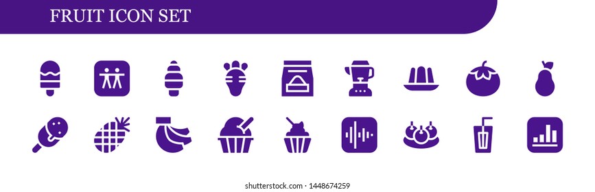 fruit icon set. 18 filled fruit icons.  Collection Of - Ice cream, Apple, Radish, Food, Blender, Jelly, Tomato, Pear, Pineapple, Bananas, Bitterballen, Drink