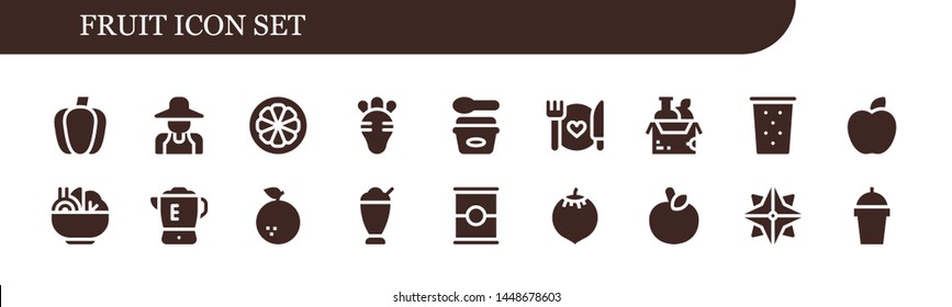 fruit icon set. 18 filled fruit icons.  Simple modern icons about  - Paprika, Gardener, Mangosteen, Radish, Ice cream, Food, Drink, Apple, Salad, Blender, Orange, Milkshake, Tomato