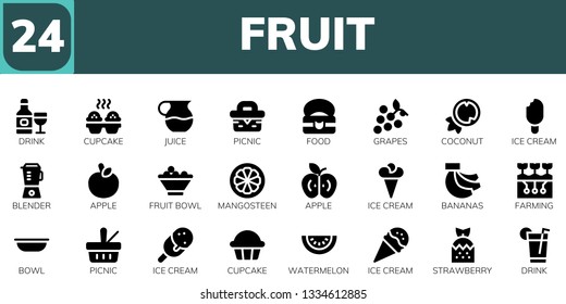 fruit icon set. 24 filled fruit icons.  Collection Of - Drink, Cupcake, Juice, Picnic, Food, Grapes, Coconut, Ice cream, Blender, Apple, Fruit bowl, Mangosteen, Bananas, Farming