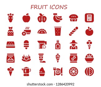  fruit icon set. 30 filled fruit icons. Simple modern icons about  - Radish, Apple, Bananas, Pie, Strawberry, Bowl, Pastry, Drink, Stick candy, Watermelon, Ice cream, Juice, Food