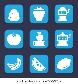 Fruit icon. set of 9 filled fruit icons such as berry, mulberry, banana, apple, lemon, Slot machine, watermelon