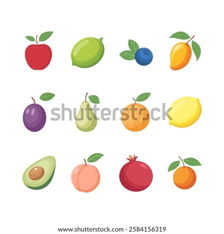 Fruit icon set with apple mango avocado lemon pear plum and citrus vector