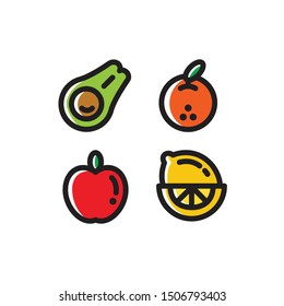 Fruit Icon Set , Avocado, Orange, Apple, Lemons, Vector Illustration .
