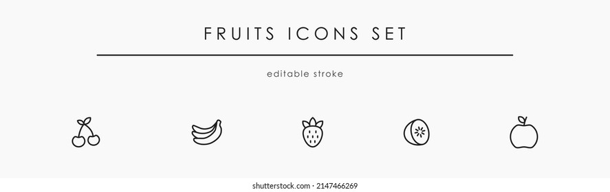 Fruit icon set. Cherry, banana, strawberry, kiwi, and apple fruit vector icons set