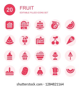 fruit icon set. Collection of 20 filled fruit icons included Apple, Slot machine, Cake, Lemonade, Watermelon, Juice, Cherry, Ice cream, Cupcake, Bowl, Potato, Blender, Melon
