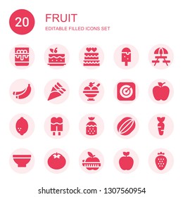 fruit icon set. Collection of 20 filled fruit icons included Panna cotta, Cake, Ice cream, Picnic, Banana, Apple, Lemon, Cream, Strawberry, Watermelon, Carrot, Bowl, Tomato