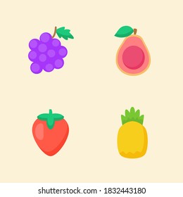 Fruit icon set collection grape guava strawberry pineapple white isolated background with color flat cartoon style