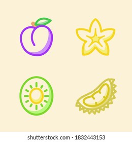 Fruit icon set collection plum star fruit kiwi durian white isolated background with stroke color outline style