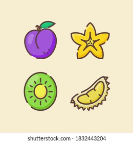 Fruit icon set collection plum starfruit kiwi durian white isolated background with color flat outline style