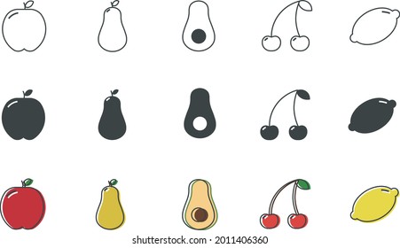 Fruit icon set contains apple, pear, avocado, cherry, and lemon fruits icon. 