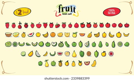 Fruit Icon Set: Discover our charming collection of fruit icons. With 58 meticulously crafted icons, this set showcases an array of fruits that will infuse your designs with freshness and charm. From 
