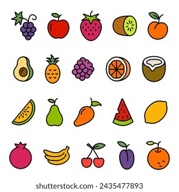 Fruit icon set. Flat outline style fruit set