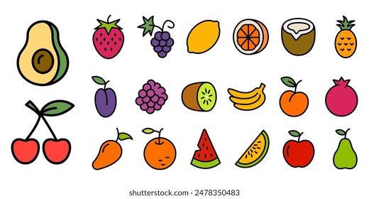 Fruit icon set. Flat outline style fruit set. Vector illustration.