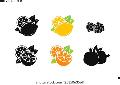 Fruit icon set. Fresh lemon lime orange pomegranate and raspberry with leaves. Tropical fruit vector. Vegetarian food sign. Vintage style icon