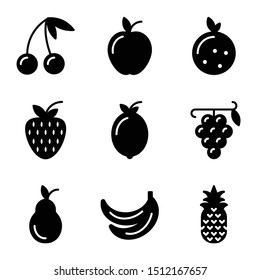 Fruit icon set include fruit, cherry, food, healthy food, apple, orange, strawberry, lemon, wine, grape, avocado, banana, pineapple