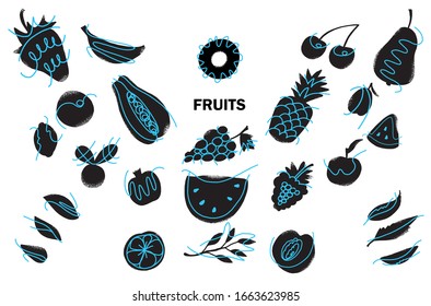 Fruit icon set, isolated on white background. Textured vector illustration in modern, block style. Includes tropical fruits icons - watermelon, melon, banana, pineapple, pear, orange, peach etc.