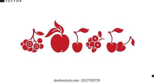 Fruit icon set. Isolated peach cherry cranberry blueberry and rowan on white background. Organic fruit vector. Natural food sign