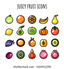 Fruit icon set. Juicy icons. Color and outline
