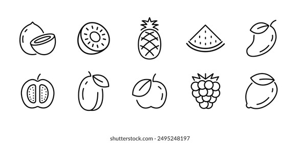 Fruit icon set kiwi pineapple watermelon outline. Fruit icons simple black line mango coconut peach guava