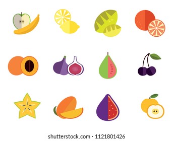 Fruit Icon Set. Lemon Apple And Banana Orange Melon Mango Cut Carambola Cut Fig Ripe Plum Guava Fruit Apricot Apple Bird Cherry Passion Fruit