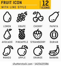 Fruit icon set with line style in isolated white background. Fruit vector icon set, cherry, apple, strawberry, banana and other with line style
