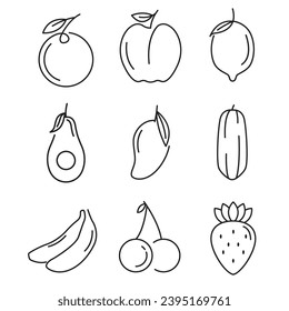 fruit icon set  line style  orange  avocado  banana  cherry  papaya  strawberry  lemon  mango  apple  vector design template