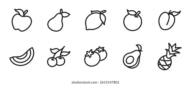 Fruit icon set. Outline collection of fresh organic fruits including apple, lemon, orange, avocado and berries. Tropical and seasonal food illustration. Healthy diet and vegan nutrition food labels.