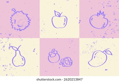 Fruit icon set in retro style on pastel grunge squares. Doodle fruit collection with vintage grunge texture and colorful block layout.