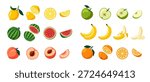 Fruit icon set. Sticker with whole and sliced banana, orange, lemon, apple, watermelon and peach. Organic food for smoothies and juices. Cartoon vector illustration collection isolated on background