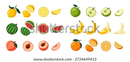 Fruit icon set. Sticker with whole and sliced banana, orange, lemon, apple, watermelon and peach. Organic food for smoothies and juices. Cartoon vector illustration collection isolated on background