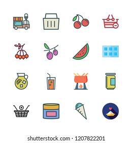 Fruit Icon Set. Vector Set About Jam, Ice Cube Tray, Fondue And Shopping Basket Icons Set.