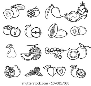 fruit icon set vector draw outline, coloring on white background