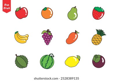 Fruit Icon Set Vector With Kids fun. apple, orange, avocado, stawberry, banana, grape, mango, pineapple, durian, watermelon, lemon, mangosteen. suitable for children's learning materials