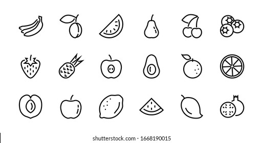 Fruit Icon Set, Vector lines, Contains icons such as apple, banana, cherry, lemon, watermelon, Avocado Editable stroke, 48x48 pixels, White background, eps 10.