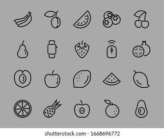 Fruit Icon Set, Vector lines, Contains icons such as apple, banana, cherry, lemon, watermelon, Avocado Editable stroke, 48x48 pixels, White background, eps 10.