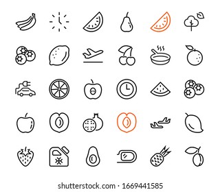 Fruit Icon Set, Vector lines, Contains icons such as apple, banana, cherry, lemon, watermelon, Avocado Editable stroke, 48x48 pixels, White background, eps 10.