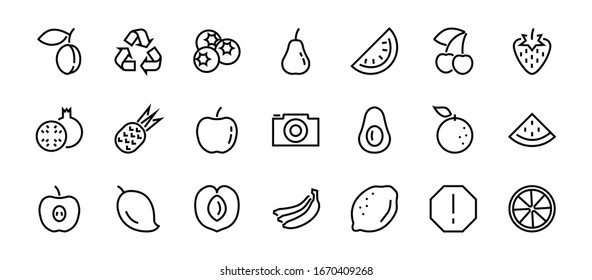 Fruit Icon Set, Vector lines, Contains icons such as apple, banana, cherry, lemon, watermelon, Avocado Editable stroke, 48x48 pixels, White background, eps 10.
