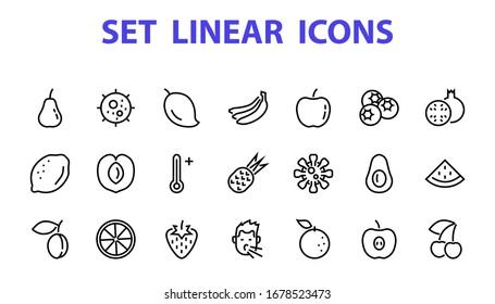 Fruit Icon Set, Vector lines, Contains icons such as apple, banana, cherry, lemon, watermelon, Avocado Editable stroke, 48x48 pixels, White background, eps 10.